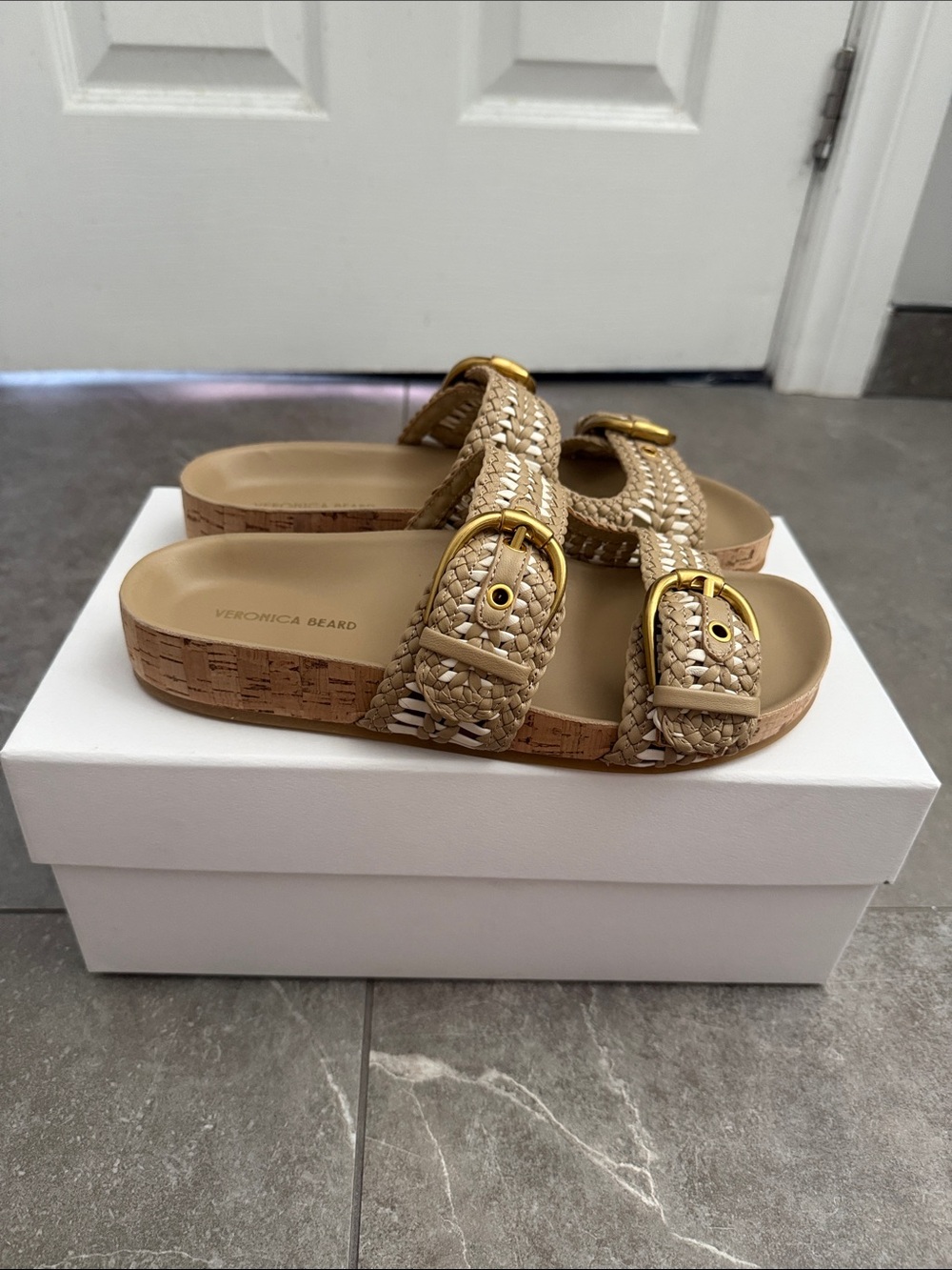 Veronica Beard Prue Woven-Leather Sandal - Sand/Parchment size 7.5